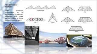Tipos de Cerchas
metálicas
Existen numerosas
clasificaciones de las
cerchas según su inventor o
propagador: Pratt, Howe,
Warren; y según su forma:
dientesierra, tijera, tipo K.
 