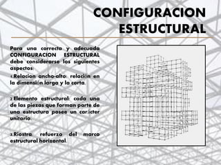 CONFIGURACION
ESTRUCTURAL
Para una correcta y adecuada
CONFIGURACION ESTRUCTURAL
debe considerarse los siguientes
aspectos:
1.Relacion ancho-alto: relación en
la dimensión larga y la corta.
2.Elemento estructural: cada una
de las piezas que forman parte de
una estructura posee un carácter
unitario.
3.Riostra: refuerzo del marco
estructural horizontal.
20
 
