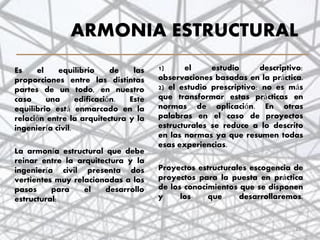 ARMONIA ESTRUCTURAL
1) el estudio descriptivo:
observaciones basadas en la práctica.
2) el estudio prescriptivo: no es más
que transformar estas prácticas en
normas de aplicación. En otras
palabras en el caso de proyectos
estructurales se reduce a lo descrito
en las normas ya que resumen todas
esas experiencias.
Proyectos estructurales escogencia de
proyectos para la puesta en práctica
de los conocimientos que se disponen
y los que desarrollaremos.
Es el equilibrio de las
proporciones entre las distintas
partes de un todo, en nuestro
caso una edificación. Este
equilibrio está enmarcado en la
relación entre la arquitectura y la
ingeniería civil.
La armonía estructural que debe
reinar entre la arquitectura y la
ingeniería civil presenta dos
vertientes muy relacionadas a los
pasos para el desarrollo
estructural:
23
 