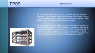 SISTEMADUAL
Es un sistema estructural que tiene un pórtico espacial resistente a
momentos y sin diagonales, combinando con muros estructurales o pórticos
con diagonales para que el sistema estructural se pueda clasificar como
sistema dual se deben cumplir una serie de requisitos.
De este modo, este es el sistema en el que con serie de requisito de
manera que las cargas son muy puntuales y divididas a igual forma.
Además, es si esta muy bien planteado pese a los requisitos ya que no
responde a la flexión o pandeo y el esfuerzo a compresión es directo y
puntual son muy rígidos. Asimismo, este trabaja muy bien al momento de los
volados o salidas que intervienen ya que combinamos dos sistemas.
 