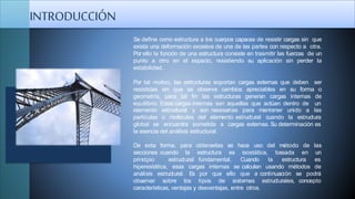 Se define como estructura a los cuerpos capaces de resistir cargas sin que
exista una deformación excesiva de una de las partes con respecto a otra.
Por ello la función de una estructura consiste en trasmitir las fuerzas de un
punto a otro en el espacio, resistiendo su aplicación sin perder la
estabilidad.
Por tal motivo, las estructuras soportan cargas externas que deben ser
resistidas sin que se observe cambios apreciables en su forma o
geometría, para tal fin las estructuras generan cargas internas de
equilibrio. Estas cargas internas son aquellas que actúan dentro de un
estructural y son necesarias para mantener unido a laselemento
partículas
global se
o moléculas del elemento estructural cuando la estructura
encuentra sometida a cargas externas. Su determinación es
la esencia del análisis estructural.
obtenerlas
estructura basada en
De esta forma, para
secciones cuando la
principio estructural fundamental.
se hace uso del
es isostática,
Cuando la estructura
internas se calculan usando métodos
método de las
un
es
dehiperestática, esas cargas
análisis estructural. Es por a continuación se podrá
observar sobre los tipos
que ello que
de sistemas estructurales, concepto
características, ventajas y desventajas, entre otros.
INTRODUCCIÓN
 