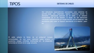 SISTEMAS DECABLES
Son estructuras especialmente apropiadas para cubiertas de
grandes luces con materiales (livianos) donde elligeros
es el cableelemento estructural esencial
fundamental es el de tracción. A causa de
y el esfuerzo
ser estructuras
solicitadas exclusivamente por simple tracción, son los sistemas más
económicos para cubrir un espacio atendiendo a la relación peso-
luz.
El cable adopta la forma de un poligonal (cargas
concentradas), de una curva catenaria (peso propio) o
la proyecciónparabólica (cargas uniformes distribuidas en
horizontal) en función de la carga actuante.
 