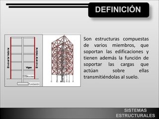DEFINICIÓN
SISTEMAS
ESTRUCTURALES
Son estructuras compuestas
de varios miembros, que
soportan las edificaciones y
tienen a...