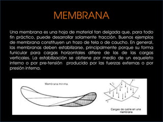 MEMBRANA
Una membrana es una hoja de material tan delgada que, para todo
fin práctico, puede desarrollar solamente tracción. Buenos ejemplos
de membrana constituyen un trozo de tela o de caucho. En general,
las membranas deben estabilizarse, principalmente porque su forma
funicular para cargas horizontales difiere de las de las cargas
verticales. La estabilización se obtiene por medio de un esqueleto
interno o por pre-tensión producido por las fuerzas externas o por
presión interna.
 