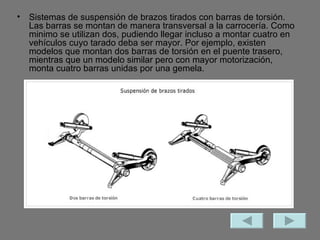 Sistemas de suspensión de brazos tirados con barras de torsión. Las barras se montan de manera transversal a la carrocería. Como minimo se utilizan dos, pudiendo llegar incluso a montar cuatro en vehículos cuyo tarado deba ser mayor. Por ejemplo, existen modelos que montan dos barras de torsión en el puente trasero, mientras que un modelo similar pero con mayor motorización, monta cuatro barras unidas por una gemela. 