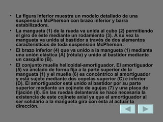 La figura inferior muestra un modelo detallado de una suspensión McPherson con brazo inferior y barra estabilizadora. La mangueta (1) de la rueda va unida al cubo (2) permitiendo el giro de éste mediante un rodamiento (3). A su vez la mangueta va unida al bastidor a través de dos elementos característicos de toda suspensión McPherson: El brazo inferior (4) que va unido a la mangueta (1) mediante una unión elástica (A) (rótula) y unido al bastidor mediante un casquillo (B). El conjunto muelle helicoidal-amortiguador. El amortiguador (5) va anclado de forma fija a la parte superior de la mangueta (1) y el muelle (6) es concéntrico al amortiguador y está sujeto mediante dos copelas superior (C) e inferior (D). El amortiguador está unido al bastidor por su parte superior mediante un cojinete de agujas (7) y una placa de fijación (8). En las ruedas delanteras se hace necesaria la existencia de este cojinete axial ya que el amortiguador al ser solidario a la mangueta gira con ésta al actuar la dirección. 
