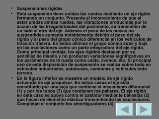 Suspensiones rígidas Esta suspensión tiene unidas las ruedas mediante un eje rígido formando un conjunto. Presenta el inconveniente de que al estar unidas ambas ruedas, las vibraciones producidas por la acción de las irregularidades del pavimento, se transmiten de un lado al otro del eje. Además el peso de las masas no suspendidas aumenta notablemente debido al peso del eje rígido y al peso del grupo cónico diferencial en los vehículos de tracción trasera. En estos últimos el grupo cónico sube y baja en las oscilaciones como un parte integradora del eje rígido. Como principal ventaja, los ejes rígidos destacan por su sencillez de diseño y no producen variaciones significativas en los parámetros de la rueda como caída, avance, etc. El principal uso de esta disposición de suspensión se realiza sobre todo en vehículos industriales, autobuses, camiones y vehículos todo terreno.  En la figura inferior se muestra un modelo de eje rígido actuando de eje propulsor. En estos casos el eje está constituido por una caja que contiene el mecanismo diferencial (1) y por los tubos (3) que contienen los palieres. El eje rígido en este caso se apoya contra el bastidor mediante ballestas (2) que hacen de elemento elástico transmitiendo las oscilaciones. Completan el conjunto los amortiguadores (4) 