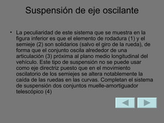 Suspensión de eje oscilante La peculiaridad de este sistema que se muestra en la figura inferior es que el elemento de rodadura (1) y el semieje (2) son solidarios (salvo el giro de la rueda), de forma que el conjunto oscila alrededor de una articulación (3) próxima al plano medio longitudinal del vehículo. Este tipo de suspensión no se puede usar como eje directriz puesto que en el movimiento oscilatorio de los semiejes se altera notablemente la caída de las ruedas en las curvas. Completan el sistema de suspensión dos conjuntos muelle-amortiguador telescópico (4) 