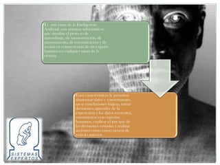 Es una rama de la Inteligencia
Artificial, son sistemas informáticos
que simulan el proceso de
aprendizaje, de memorización, de
razonamiento, de comunicación y de
acción en consecuencia de un experto
humano en cualquier rama de la
ciencia.




                  Estas características le permiten
                  almacenar datos y conocimiento,
                  sacar conclusiones lógicas, tomar
                  decisiones, aprender de la
                  experiencia y los datos existentes,
                  comunicarse con expertos
                  humanos, explicar el por qué de
                  las decisiones tomadas y realizar
                  acciones como consecuencia de
                  todo lo anterior.
 