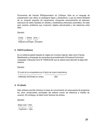 Proveniente  del  francés  PROgrammation  en  LOGique.  Este  es  un  lenguaje  de
programación  que  utiliza  un  paradigma  lógico  y  declarativos,  y  que  se  centra alrededor
de  un  conjunto  pequeño  de  mecanismos,   incluyendo  reconocimiento  de  patrones,
estructura  de  datos  basadas  en  árboles  y  backtraking  (retroceso)  automático.  Es  ideal
para  resolver  problemas  que  involucren  objetos  estructurados  y  las  relaciones  entre
ellos.
Ejemplo:

❖ EXSYS (software)
Es un sistema experto basado en reglas con muchas mejoras, tales como Frames,
Blackboards y el lenguaje de comandos de procedimiento (Procedural Command
Language). Cláusulas como IF­THEN­ELSE que se utilizan para describir la lógica del
sistema.
Ejemplo:

❖ R1 (Shell)
Este  software  permite  introducir  la  base de  conocimiento  sin preocuparse de programar
los  otros   componentes  principales  del  sistema  (motor  de  inferencia  e  interfaz  de
usuario). Sin embargo, se debe incluir factores de certeza.
Ejemplo:

21

 