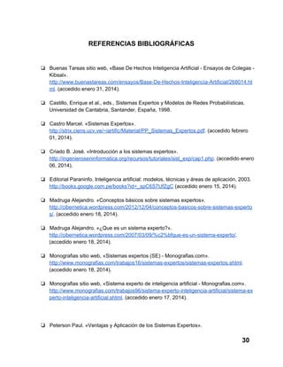 REFERENCIAS BIBLIOGRÁFICAS

❏ Buenas Tareas sitio web, «Base De Hechos Inteligencia Artificial ­ Ensayos de Colegas ­
Kibsal».
http://www.buenastareas.com/ensayos/Base­De­Hechos­Inteligencia­Artificial/268014.ht
ml. (accedido enero 31, 2014).
❏ Castillo, Enrique et al., eds., Sistemas Expertos y Modelos de Redes Probabilísticas.
Universidad de Cantabria, Santander, España, 1998.
❏ Castro Marcel. «Sistemas Expertos».
http://strix.ciens.ucv.ve/~iartific/Material/PP_Sistemas_Expertos.pdf. (accedido febrero
01, 2014).
❏ Criado B. José. «Introducción a los sistemas expertos».
http://ingenieroseninformatica.org/recursos/tutoriales/sist_exp/cap1.php. (accedido enero
06, 2014).
❏ Editorial Paraninfo. Inteligencia artificial: modelos, técnicas y áreas de aplicación, 2003.
http://books.google.com.pe/books?id=_spC6S7UfZgC (accedido enero 15, 2014).
❏ Madruga Alejandro. «Conceptos básicos sobre sistemas expertos».
http://cibernetica.wordpress.com/2012/12/04/conceptos­basicos­sobre­sistemas­experto
s/. (accedido enero 18, 2014).
❏ Madruga Alejandro. «¿Que es un sistema experto?».
http://cibernetica.wordpress.com/2007/03/09/%c2%bfque­es­un­sistema­experto/.
(accedido enero 18, 2014).
❏ Monografias sitio web, «Sistemas expertos (SE) ­ Monografias.com».
http://www.monografias.com/trabajos16/sistemas­expertos/sistemas­expertos.shtml.
(accedido enero 18, 2014).
❏ Monografias sitio web, «Sistema experto de inteligencia artificial ­ Monografias.com».
http://www.monografias.com/trabajos96/sistema­experto­inteligencia­artificial/sistema­ex
perto­inteligencia­artificial.shtml. (accedido enero 17, 2014).

❏ Peterson Paul. «Ventajas y Aplicación de los Sistemas Expertos».

30

 