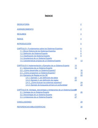 ÍNDICE

DEDICATORIA

2

AGRADECIMIENTO

2

RESUMEN

3

ÍNDICE

4

INTRODUCCIÓN

5

CAPÍTULO I: Fundamentos sobre los Sistemas Expertos
1.1. Breve Historia de los Sistemas Expertos
1.2. Definición de Sistema Experto
1.3. Clasificación de Sistema Experto
1.4. Arquitectura de un Sistema Experto
1.5. Características propias de un Sistema Experto

6
6
8
9

CAPÍTULO II: Implementación y Ejemplos de un Sistema Experto
2.1. Aplicaciones de un Sistema Experto
2.2. ¿Cómo desarrollar un Sistema Experto?
2.3. ¿Cómo programar un Sistema Experto?
2.4. Ejemplos de Reglas en los SE
2.4.1. Ejemplo 1, por definición de datos
2.4.2. Ejemplo 2, por definición de reglas
2.4.3. ¿Cómo buscan los sistemas expertos?
2.4.4. Ejemplo de búsqueda primero en profundidad

10
13
15
15
16
18
22
22
23

CAPÍTULO III: Ventajas, desventajas y limitaciones de un Sistema Experto
26
3.1. Ventajas de un Sistema Experto
3.2. Desventajas de un Sistema Experto
27
3.3. Limitaciones de un Sistema Experto
27

24
24

26

CONCLUSIONES

29

REFERENCIAS BIBLIOGRÁFICAS

30

4

 