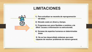 LIMITACIONES
19
Tenemos
1) Para actualizar se necesita de reprogramación
de estos .
2) Elevado costo en dinero y tiempo.
3) Programas son poco flexibles a cambios y de
difícil acceso a información no estructurada.
4) Escasez de expertos humanos en determinadas
áreas
5) No se han desarrollado sistemas que sean
capaces de resolver problemas de manera general.
 