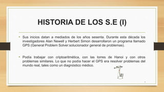 HISTORIA DE LOS S.E (I)
• Sus inicios datan a mediados de los años sesenta. Durante esta década los
investigadores Alan Newell y Herbert Simon desarrollaron un programa llamado
GPS (General Problem Solver:solucionador general de problemas).
• Podía trabajar con criptoaritmética, con las torres de Hanoi y con otros
problemas similares. Lo que no podía hacer el GPS era resolver problemas del
mundo real, tales como un diagnóstico médico.
3
 