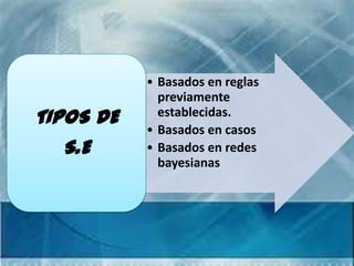 • Basados en reglas
             previamente
TIPOS DE     establecidas.
           • Basados en casos
   S.E     • Basados en redes
             bayesianas
 