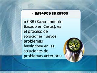 • BASADOS EN CASOS

o CBR (Razonamiento
Basado en Casos). es
el proceso de
solucionar nuevos
problemas
basándose en las
soluciones de
problemas anteriores
 