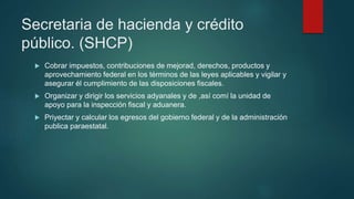 Secretaria de hacienda y crédito
público. (SHCP)
 Cobrar impuestos, contribuciones de mejorad, derechos, productos y
aprovechamiento federal en los términos de las leyes aplicables y vigilar y
asegurar él cumplimiento de las disposiciones fiscales.
 Organizar y dirigir los servicios adyanales y de ,así comí la unidad de
apoyo para la inspección fiscal y aduanera.
 Priyectar y calcular los egresos del gobierno federal y de la administración
publica paraestatal.
 