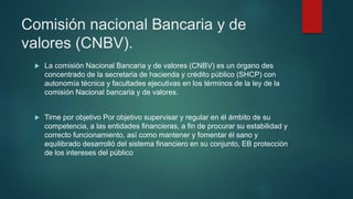 Comisión nacional Bancaria y de
valores (CNBV).
 La comisión Nacional Bancaria y de valores (CNBV) es un órgano des
concentrado de la secretaria de hacienda y crédito público (SHCP) con
autonomía técnica y facultades ejecutivas en los términos de la ley de la
comisión Nacional bancaria y de valores.
 Tirne por objetivo Por objetivo supervisar y regular en él ámbito de su
competencia, a las entidades financieras, a fin de procurar su estabilidad y
correcto funcionamiento, así como mantener y fomentar él sano y
equilibrado desarrolló del sistema financiero en su conjunto, EB protección
de los intereses del público
 