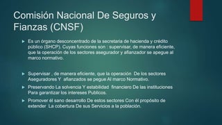 Comisión Nacional De Seguros y
Fianzas (CNSF)
 Es un órgano desconcentrado de la secretaria de hacienda y crédito
público (SHCP). Cuyas funciones son : supervisar, de manera eficiente,
que la operación de los sectores asegurador y afianzador se apegue al
marco normativo.
 Supervisar , de manera eficiente, que la operación De los sectores
Aseguradores Y afianzados se pegue Al marco Normativo.
 Preservando La solvencia Y estabilidad financiero De las instituciones
Para garantizar los intereses Publicos.
 Promover él sano desarrollo De estos sectores Con él propósito de
extender La cobertura De sus Servicios a la población.
 
