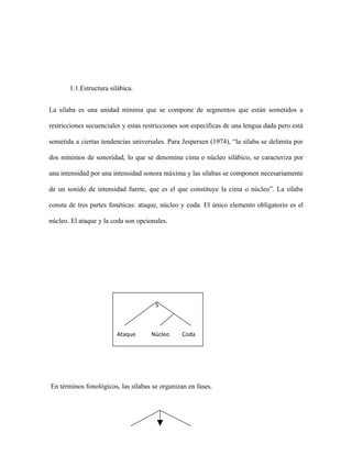 1.1.Estructura silábica.


La sílaba es una unidad mínima que se compone de segmentos que están sometidos a

restricciones secuenciales y estas restricciones son específicas de una lengua dada pero está

sometida a ciertas tendencias universales. Para Jespersen (1974), “la sílaba se delimita por

dos mínimos de sonoridad, lo que se denomina cima o núcleo silábico, se caracteriza por

una intensidad por una intensidad sonora máxima y las sílabas se componen necesariamente

de un sonido de intensidad fuerte, que es el que constituye la cima o núcleo”. La sílaba

consta de tres partes fonéticas: ataque, núcleo y coda. El único elemento obligatorio es el

núcleo. El ataque y la coda son opcionales.




                                       S



                        Ataque       Núcleo     Coda




En términos fonológicos, las sílabas se organizan en fases.
 