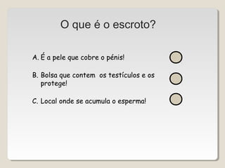 O que é o escroto? 
A. É a pele que cobre o pénis! 
B. Bolsa que contem os testículos e os 
protege! 
C. Local onde se acumula o esperma! 
 
