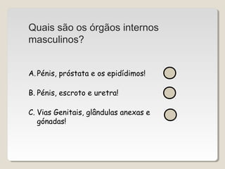 Quais são os órgãos internos 
masculinos? 
A. Pénis, próstata e os epidídimos! 
B. Pénis, escroto e uretra! 
C. Vias Genitais, glândulas anexas e 
gónadas! 
 