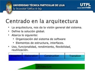La arquitectura, nos da la visión general del sistema. Define la solución global. Abarca lo siguiente: Organización del sistema de software Elementos de estructura, interfaces. Uso, funcionalidad, rendimiento, flexibilidad, reutilización. Inception Elaboration Construction Transition Architecture 