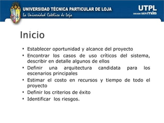 Establecer oportunidad y alcance del proyecto Encontrar los casos de uso críticos del sistema, describir en detalle algunos de ellos Definir una arquitectura candidata para los escenarios principales Estimar el costo en recursos y tiempo de todo el proyecto Definir los criterios de éxito Identificar  los riesgos. 