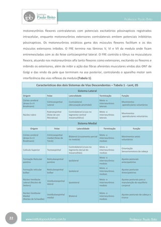 motoneurônios flexores contralaterais com potenciais excitatórios póssinapticos registrados
     intracelular, enquanto motoneurônios extensores contralaterais emitem potenciais inibitórios
     póssinapticos. Os motoneurônios estáticos gama dos músculos flexores facilitam e os dos
     músculos extensores inibidos. O FRE termina nas lâminas V, VI e VII da medula onde ficam
     entremescladas com as do feixe corticoespinhal lateral. O FRE controla o tônus na musculatura
     flexora, atuando nos motoneurônios alfa tanto flexores como extensores, excitando os flexores e
     inibindo os extensores, além de inibir a ação das fibras aferentes musculares vindas dos ONT de
     Golgi e das vindo da pele que terminam na asa posterior, controlando o aparelho motor sem
     interferência das vias reflexas da medula (Tabela 1).

                    Características dos dois Sistemas de Vias Descendentes – Tabela 1 - Lent, 05
                                                            Sistema Lateral
     Origem                 Feixe               Lateralidade                  Terminação       Função
     Córtex cerebral                                                          Moto- e
                            Córticoespinhal     Contralateral                                  Movimentos
     (áreas 6 e 4                                                             interneurônios
                            Lateral             (decussação piramidal)                         apendiculares voluntários
     Brodmann)                                                                laterais

                            Rubroespinhal       Contralateral (cruza no       Moto- e
                                                                                               Movimentos
     Núcleo rubro           (feixe de von       tegmento ventral              interneurônios
                                                                                               apendiculares voluntários
                            Monakow)            mesencefálico)                laterais

                                                            Sistema Medial
            Origem                  Feixe                Lateralidade            Terminação               Função

     Córtex cerebral        Córticoespinhal                                   Moto- e
                                                Bilateral (cruzamento parcial                  Movimentos axiais
     (áreas 6 e 4           medial (feixe de                                  interneurônios
                                                na medula)                                     voluntários
     Brodmann)              Türck)                                            mediais

                                                Contralateral (cruza no       Moto- e
                                                                                               Orientação
     Colículo Superior      Tectoespinhal       tegmento dorsal do            interneurônios
                                                                                               Sensoriomotora da cabeça
                                                mesencéfalo)                  mediais
                                                                              Moto- e
     Formação Reticular     Retículoespinhal                                                   Ajustes posturais
                                                Ipsilateral                   interneurônios
     pontina                pontino                                                            antecipatórios
                                                                              mediais
                                                                              Moto- e
     Formação reticular     Retículoespinhal                                                   Ajustes posturais
                                                Ipsilateral                   interneurônios
     bulbar                 bulbar                                                             Antecipatórios
                                                                              mediais

     Núcleo Vestibular                                                        Moto- e          Ajustes posturais para a
                            Vestíbuloespinhal
     Lateral (Núcleo de                         Ipsolateral                   interneurônios   manutenção do equilíbrio
                            lateral
     Deiters)                                                                 mediais          corporal


     Núcleo Vestibular                                                        Moto- e
                            Vestíbuloespinhal                                                  Ajustes posturais da cabeça e
     Medial                                     Bilateral                     interneurônios
                            medial                                                             tronco
     (Núcleo de Schwalbe)                                                     mediais




22
 