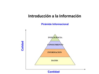 Introducción a la Información Pirámide Informacional Cantidad Calidad DATOS INTELIGENCIA CONOCIMIENTO INFORMACION 