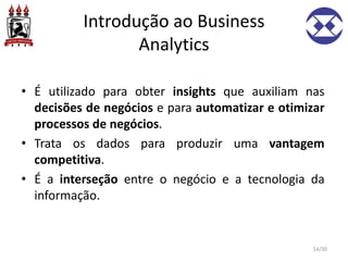 Introdução ao Business
Analytics
• É utilizado para obter insights que auxiliam nas
decisões de negócios e para automatizar e otimizar
processos de negócios.
• Trata os dados para produzir uma vantagem
competitiva.
• É a interseção entre o negócio e a tecnologia da
informação.
14/30
 