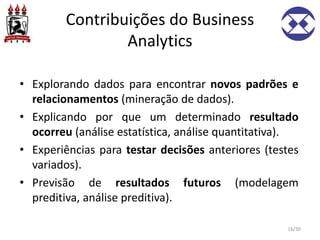 Contribuições do Business
Analytics
• Explorando dados para encontrar novos padrões e
relacionamentos (mineração de dados).
• Explicando por que um determinado resultado
ocorreu (análise estatística, análise quantitativa).
• Experiências para testar decisões anteriores (testes
variados).
• Previsão de resultados futuros (modelagem
preditiva, análise preditiva).
16/30
 