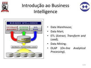 Introdução ao Business
Intelligence
• Data Warehouse;
• Data Mart;
• ETL (Extract, Transform and
Load);
• Data Mining;
• OLAP (On-line Analytical
Processing).
6/30
 