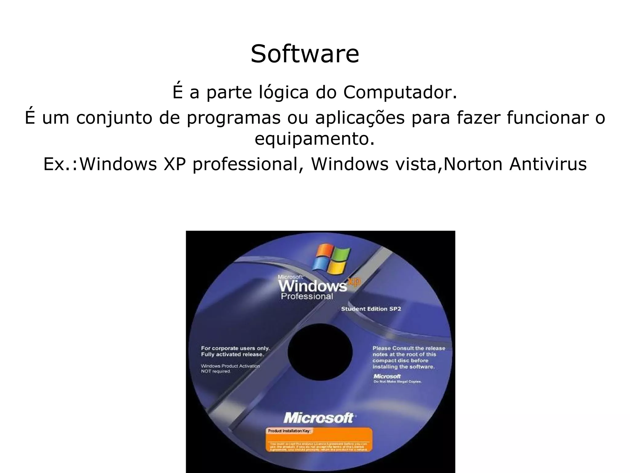 Software É a parte lógica do Computador. É um conjunto de programas ou aplicações para fazer funcionar o equipamento. Ex.:Windows XP professional, Windows vista,Norton Antivirus 
