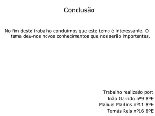 Conclusão No fim deste trabalho concluímos que este tema é interessante. O  tema deu-nos novos conhecimentos que nos serão importantes. Trabalho realizado por: João Garrido nº9 8ºE Manuel Martins nº11 8ºE Tomás Reis nº16 8ºE 