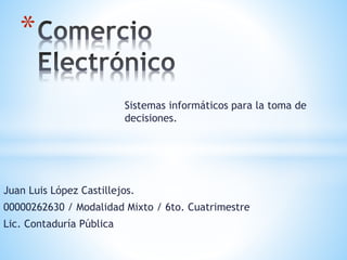 Juan Luis López Castillejos.
00000262630 / Modalidad Mixto / 6to. Cuatrimestre
Lic. Contaduría Pública
*
Sistemas informáticos para la toma de
decisiones.
 