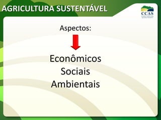 AGRICULTURA SUSTENTÁVEL
Aspectos:
Econômicos
Sociais
Ambientais
 