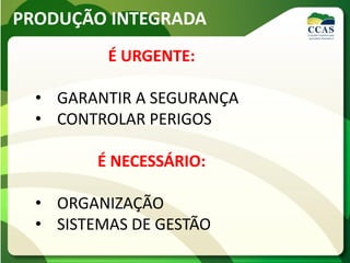 PRODUÇÃO INTEGRADA
É URGENTE:
• GARANTIR A SEGURANÇA
• CONTROLAR PERIGOS
É NECESSÁRIO:
• ORGANIZAÇÃO
• SISTEMAS DE GESTÃO
 