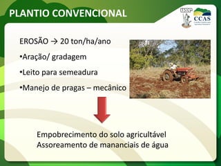 PLANTIO CONVENCIONAL
EROSÃO → 20 ton/ha/ano
•Aração/ gradagem
•Leito para semeadura
•Manejo de pragas – mecânico
Empobrecimento do solo agricultável
Assoreamento de mananciais de água
 