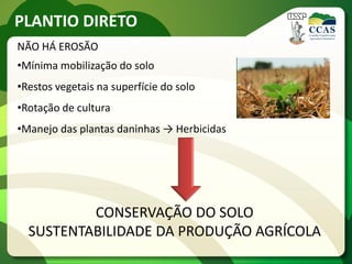 PLANTIO DIRETO
NÃO HÁ EROSÃO
•Mínima mobilização do solo
•Restos vegetais na superfície do solo
•Rotação de cultura
•Manejo das plantas daninhas → Herbicidas
CONSERVAÇÃO DO SOLO
SUSTENTABILIDADE DA PRODUÇÃO AGRÍCOLA
 