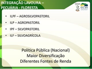 INTEGRAÇÃO LAVOURA –
PECUÁRIA - FLORESTA
• ILPF – AGROSILVOPASTORIL
• ILP – AGROPASTORIL
• IPF – SILVOPASTORIL
• ILF – SILVOAGRÍCOLA
Politica Pública (Nacional)
Maior Diversificação
Diferentes Fontes de Renda
 