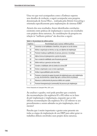 116
Universidade do Sul de Santa Catarina
Uma vez que você acompanhou como a Embraco superou
seus desaﬁos de evolução, a seguir acompanhe uma pesquisa
denominada de Second Wave , realizada pela Deloitte Consulting e
orientada especiﬁcamente para implantações de sistemas ERP.
Através dos seus resultados, foram identiﬁcadas correlações
existentes entre práticas de implantação e sucesso em resultados
com projetos dessa natureza. As considerações da pesquisa em
relação às “melhores práticas” são descritas a seguir:
Tabela 5.2. Recomendações das melhores práticas
Seqüência Recomendações para o sucesso: melhores práticas
01 Concentrar-se em habilidades e benefícios, não apenas no uso do sistema
02 Alinhar a organização ao destino, ou seja, aos objetivos da implantação
03 Promover mudanças equilibradas em pessoas, processos e tecnologia
04 Aplicar técnicas de planejamento e gestão de projetos
05 Usar o estudo de viabilidade como ferramenta gerencial
06 Deﬁnir métricas e gerenciar com base nelas
07 Estender as habilidades além do âmbito do sistema ERP
08 Ensinar a organização a usar as novas capacitações
09 Atribuir responsabilidades pelos benefícios
10 Promover a transição da equipe de projeto da implantação para a pós-implantação,
ou seja, não desmanchar a equipe logo após o sistema entrar em produção
11 Alavancar o conhecimento de processos obtido com o projeto
12 Promover homogeneização (commonality) de processos pós-implantação
Fonte: Adaptado de Colangelo Filho, 2001, p.42.
Ao analisar o quadro, você pode perceber que a maioria
das recomendações (da seqüência 01 a 09) refere-se às fases
de pré-implantação e implantação, enquanto que as três
últimas recomendações (da seqüência 10 a 12) referem-se aos
procedimentos a serem adotados na pós-implantação, não é
mesmo?
Perceba que é muito importante o gestor estar presente em
todas as etapas da implantação de um ERP para saber guiar os
trabalhos difíceis envolvidos num projeto desta natureza.
SIG.indb 116SIG.indb 116 5/3/2007 11:03:535/3/2007 11:03:53
 