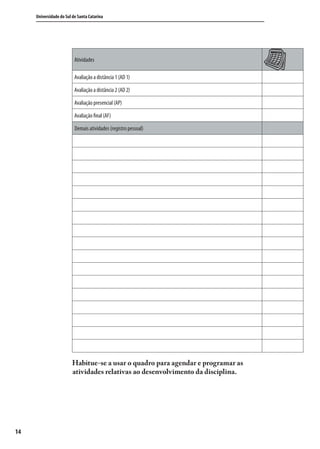 Universidade do Sul de Santa Catarina
14
Atividades
Avaliação a distância 1 (AD 1)
Avaliação a distância 2 (AD 2)
Avaliação presencial (AP)
Avaliação ﬁnal (AF)
Demais atividades (registro pessoal)
Habitue-se a usar o quadro para agendar e programar as
atividades relativas ao desenvolvimento da disciplina.
SIG.indb 14SIG.indb 14 5/3/2007 11:03:335/3/2007 11:03:33
 