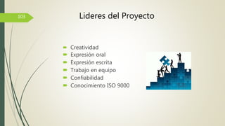  Creatividad
 Expresión oral
 Expresión escrita
 Trabajo en equipo
 Confiabilidad
 Conocimiento ISO 9000
103 Lideres del Proyecto
 