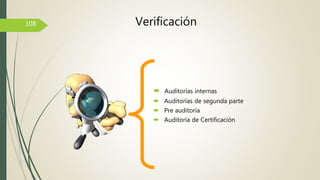  Auditorías internas
 Auditorías de segunda parte
 Pre auditoría
 Auditoría de Certificación
108 Verificación
 