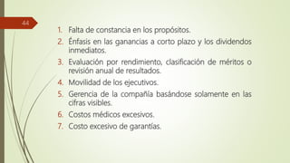 1. Falta de constancia en los propósitos.
2. Énfasis en las ganancias a corto plazo y los dividendos
inmediatos.
3. Evaluación por rendimiento, clasificación de méritos o
revisión anual de resultados.
4. Movilidad de los ejecutivos.
5. Gerencia de la compañía basándose solamente en las
cifras visibles.
6. Costos médicos excesivos.
7. Costo excesivo de garantías.
44
 