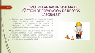 ¿CÓMO IMPLANTAR UN SISTEMA DE
GESTIÓN DE PREVENCIÓN DE RIESGOS
LABORALES?
 Cuando una organización o centro de trabajo
quiere demostrar su capacidad en el
cumplimiento de requisitos en materia de
seguridad y salud laboral buscará la
certificación a través de la OHSAS 18001.
 La norma OHSAS 18001 se basa en el ciclo de
mejora continua PDCA (Planificar – Hacer –
Verificar y Actuar), como herramienta para
optimizar el comportamiento de la organización
en materia de seguridad y salud.
69
 