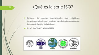  Conjunto de normas internacionales que establecen
lineamientos, directrices y modelos para la implementación de
Sistemas de Gestión de la Calidad.
 SU APLICACIÓN ES VOLUNTARIA
82 ¿Qué es la serie ISO?
 