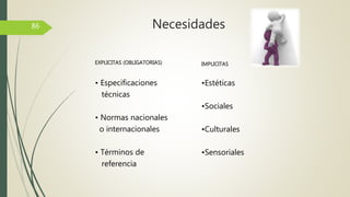 EXPLICITAS (OBLIGATORIAS)
• Especificaciones
técnicas
• Normas nacionales
o internacionales
• Términos de
referencia
IMPLICITAS
•Estéticas
•Sociales
•Culturales
•Sensoriales
86 Necesidades
 