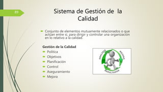  Conjunto de elementos mutuamente relacionados o que
actúan entre sí, para dirigir y controlar una organización
en lo relativo a la calidad.
Gestión de la Calidad
 Política
 Objetivos
 Planificación
 Control
 Aseguramiento
 Mejora
89 Sistema de Gestión de la
Calidad
 